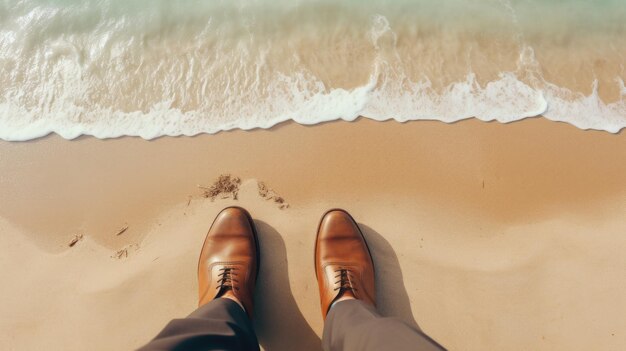 Empresario pisa con zapatos en la arena y la playa creado con tecnología de IA generativa