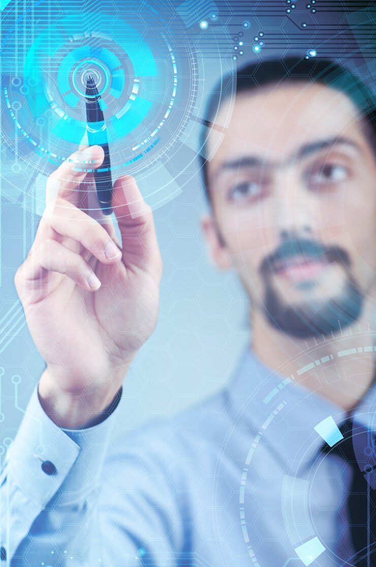 Foto empresário pressionando botões virtuais no conceito futurista