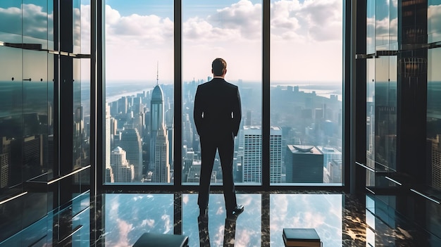 Empresario profesional de éxito parado en el gran edificio de cristal mirando la ciudad