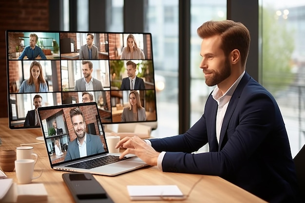 Foto empresario profesional en una reunión virtual en una llamada de video con una computadora portátil en la oficina
