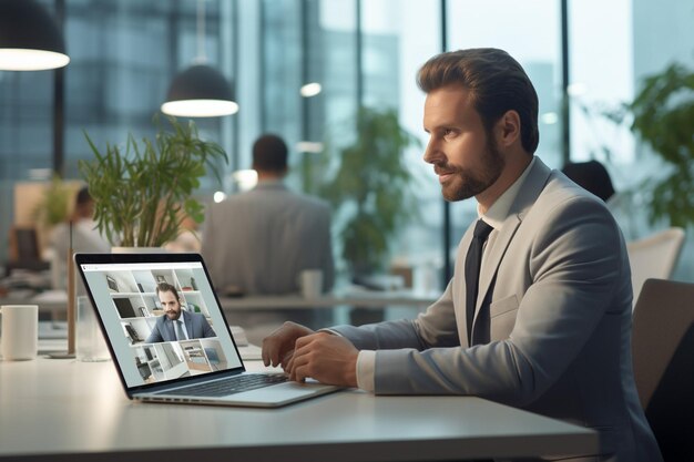 Foto empresário profissional em uma reunião virtual em videoconferência com laptop no escritório