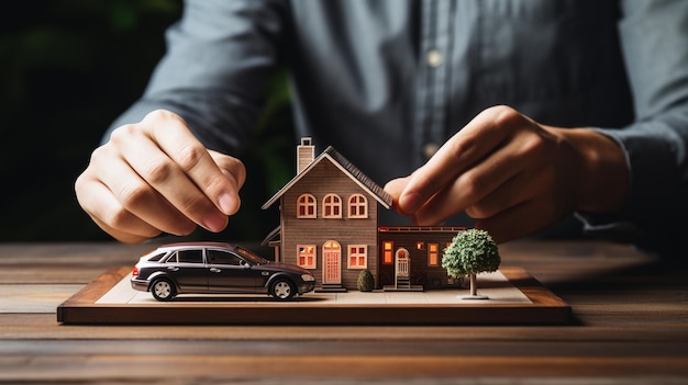 Empresario protegiendo el modelo de casa y el coche.