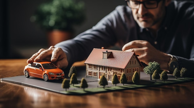 Empresario protegiendo el modelo de casa y el coche.