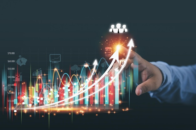 Empresario punto de contacto pantalla virtual gráfico de crecimiento económico Analizando el comercio de la bolsa de valores Estrategia de planificación financiera y bancaria del comercio de acciones y negocios para el futuro
