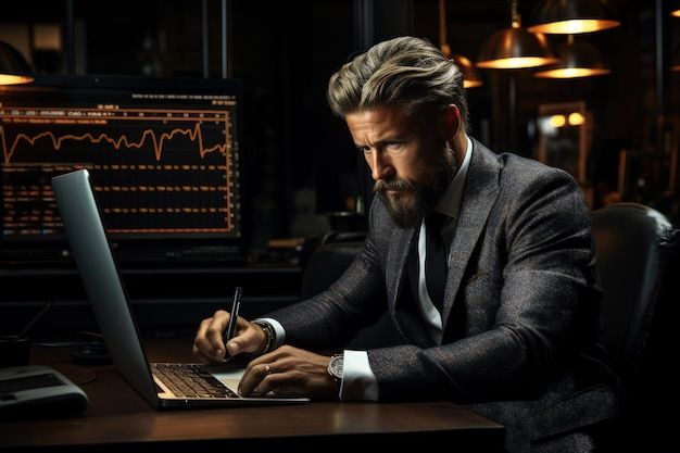 Un empresario que analiza el mercado de valores en su computadora portátil