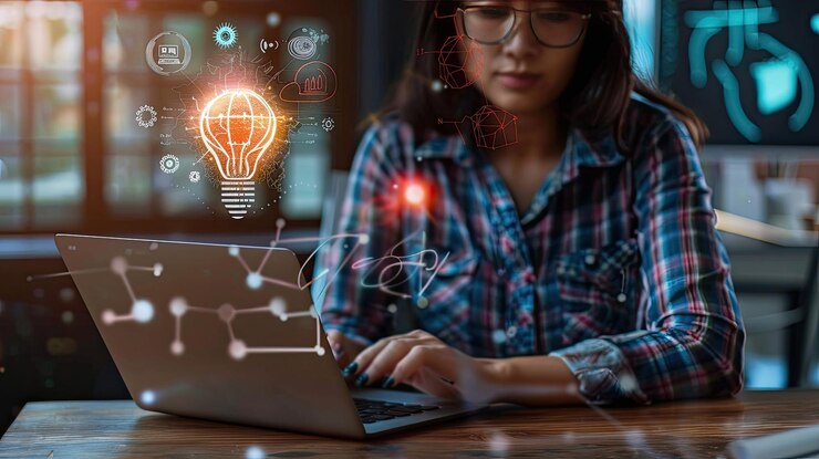 empresario que hace una lluvia de ideas empresariales innovadoras y estrategias de mercado en una computadora portátil
