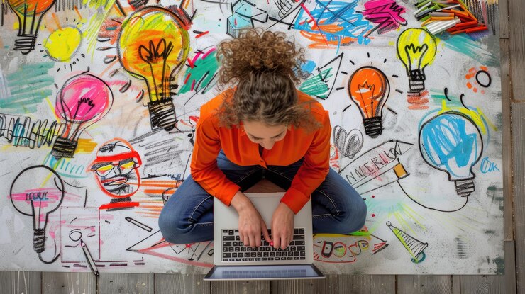 empresario que hace una lluvia de ideas empresariales innovadoras y estrategias de mercado en una computadora portátil