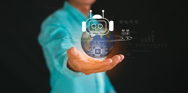 Empresario que muestra gráficos como Internet global conectado Chat IA inteligencia artificial Usando comandos para crear algo futuros cambios tecnológicos