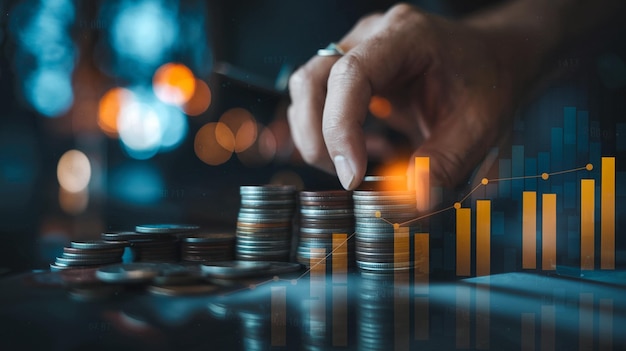 Empresario que muestra gráficos virtuales de inversión, comercio de acciones, crecimiento empresarial, estrategia de marketing
