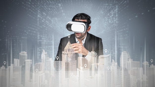 Empresario que planea invertir en bienes raíces mientras usa gafas de realidad virtual Deviation