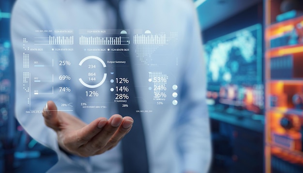 Empresario que presenta la visualización de datos digitales en la oficina moderna