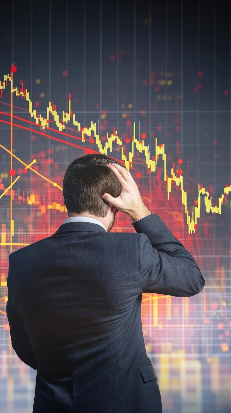 Empresario que sostiene la cabeza con dolor mientras mira los gráficos de la bolsa con líneas rojas y amarillas detrás de él que muestran la disminución del mercado, la volatilidad, la venta.