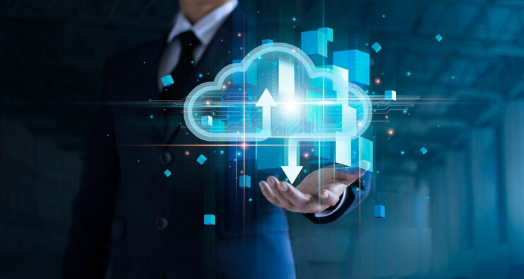 Foto el empresario que sostiene la computación en la nube se conecta a la tecnología de red de cadena de bloques de análisis de big data