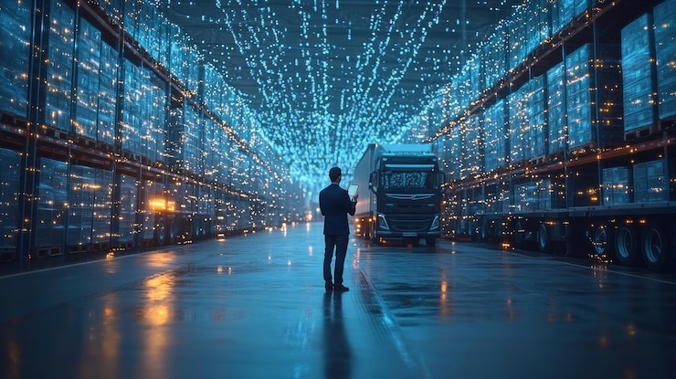 Foto empresario que sostiene el panel de interfaz virtual de la red logística de distribución y transporte