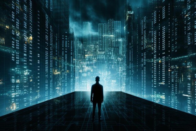 Empresario que tiene computación en la nube y se conecta a la tecnología de red de cadena de bloques de análisis de big data