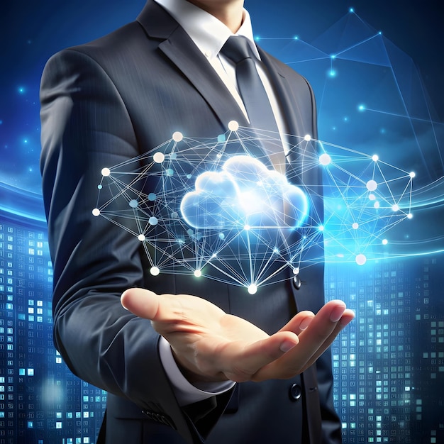 Empresario que tiene computación en la nube en línea conectándose a Big Data