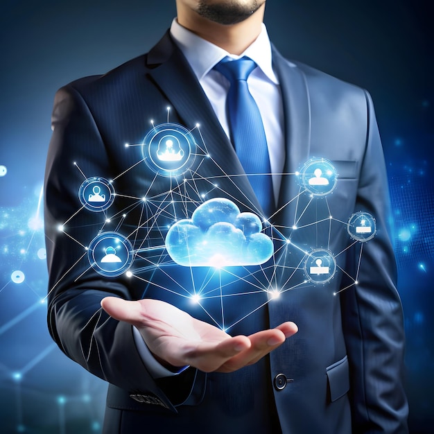 Empresario que tiene computación en la nube en línea conectándose a Big Data
