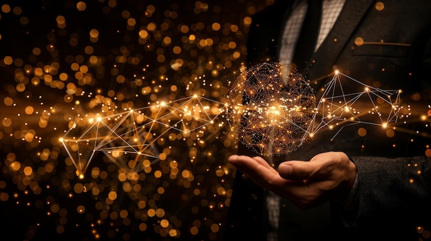 Empresario que tiene una red global y intercambio de datos en el fondo bokeh