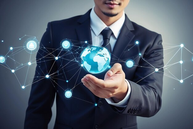 Empresario que toca al cliente estructura global creación de redes e intercambio de datos conexión marketing digital