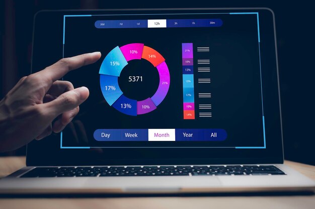 Empresario que trabaja con análisis de negocios y sistema de gestión de datos en la gestión de documentos en línea y métricas conectadas a la base de datos Estrategia corporativa para ventas de operaciones financieras