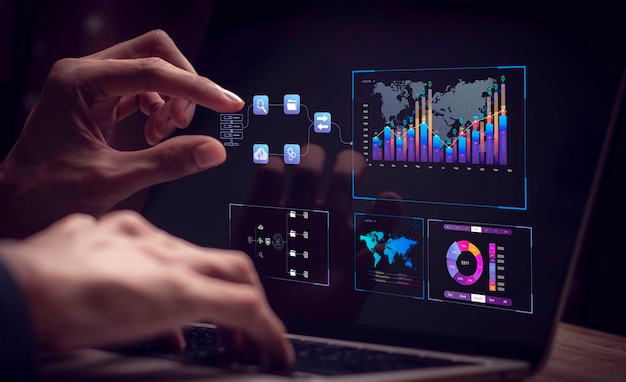 Empresario que trabaja con análisis de negocios y sistema de gestión de datos en la gestión de documentos en línea y métricas conectadas a la base de datos Estrategia corporativa para ventas de operaciones financierasx9