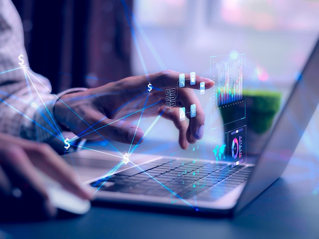 Empresario que trabaja con análisis de negocios y sistema de gestión de datos en la gestión de documentos en línea y métricas conectadas a la base de datos Estrategia corporativa para ventas de operaciones financierasx9