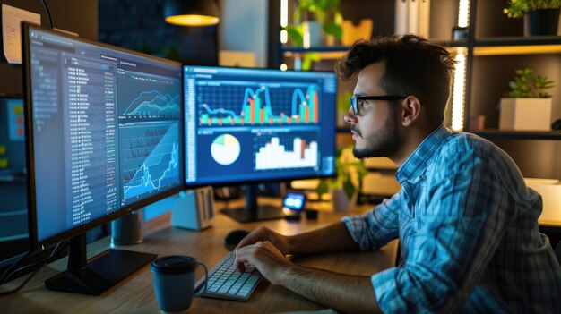 Empresario que trabaja en computadora analizando gráficos y diagramas de datos comerciales en una oficina moderna