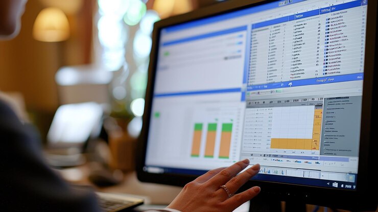 Foto empresario que trabaja en computadora con gráficos y datos