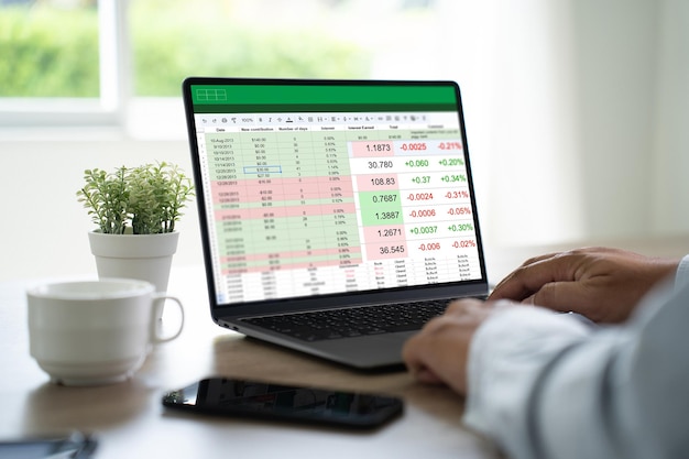 Empresario que trabaja con datos y gráficos en documentos de hoja de cálculo para análisis en línea Panel de control de proyectos de Microsoft Excel contabilidad digital