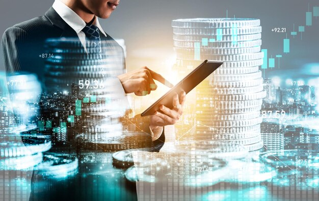 Empresario que trabaja con finanzas digitales gráfico de negocios de tecnología perceptiva