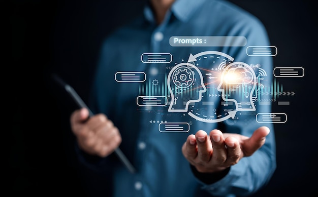 Empresario que usa chatbot en inteligencia inteligente de computadora Ai Chat con inteligencia artificial desarrollada por OpenAI genera robot de tecnología futurista en sistema en línea