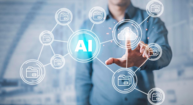 Empresario que usa el dedo para tocar la contraseña de escaneo de la interfaz de huellas dactilares Iconos de tecnología de inteligencia artificial (IA), aprendizaje automático, banner de transformación digital, concepto de TI de tecnología de la información,