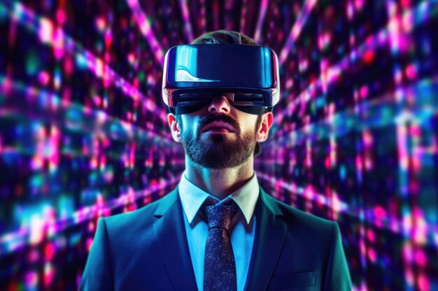 Empresario que usa realidad virtual con transferencia digital de grandes datos desde el cerebro al software vibrante que muestra una imagen generativa de IA de tecnología futurista