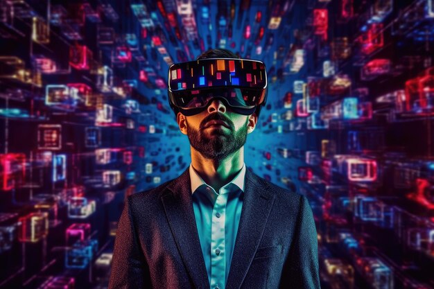 Empresario que usa realidad virtual con transferencia digital de grandes datos desde el cerebro al software vibrante que muestra una imagen generativa de IA de tecnología futurista