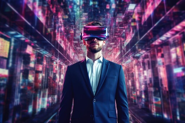 Empresario que usa realidad virtual con transferencia digital de grandes datos desde el cerebro al software vibrante que muestra una imagen de IA generativa de tecnología futurista