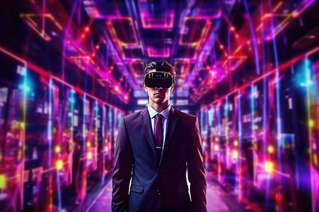 Empresario que usa realidad virtual con transferencia digital de grandes datos del cerebro a un software zumbido que muestra una imagen de IA generativa de tecnología futurista