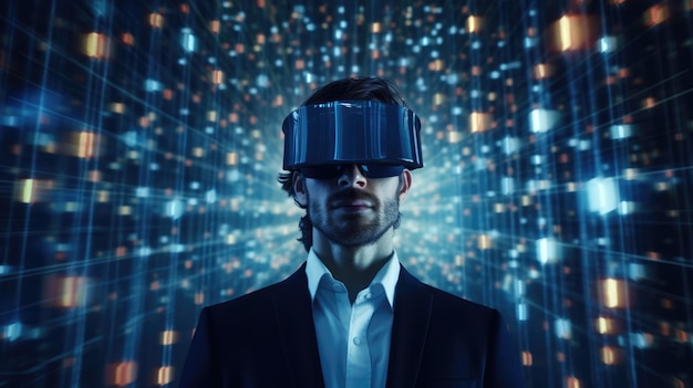 Empresario que usa realidad virtual con transferencia digital de grandes datos del cerebro a un software zumbido que muestra una imagen de IA generativa de tecnología futurista