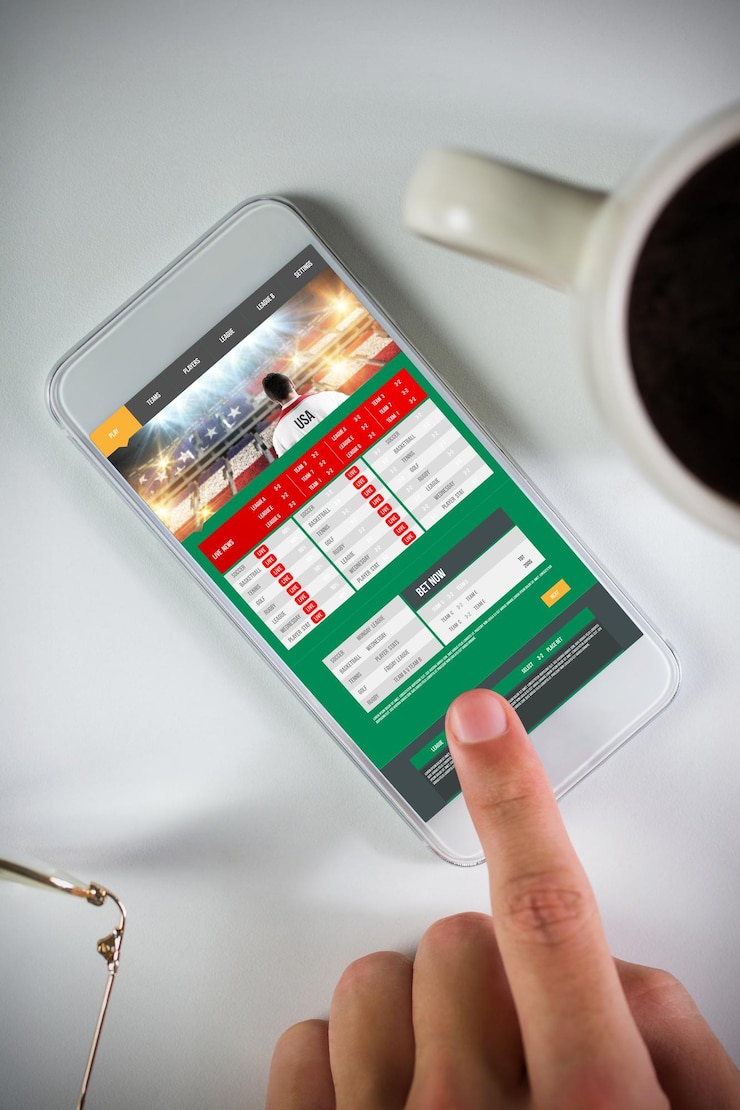 Foto empresario que usa un teléfono inteligente contra la pantalla de la aplicación de juego