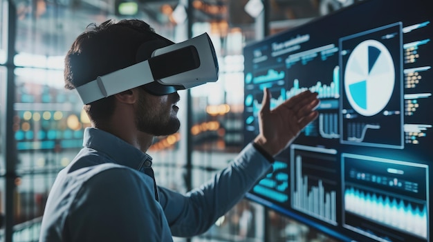 Foto empresário que utiliza a tecnologia de realidade virtual para visualizar conceitos empresariais e explorar simulações imersivas