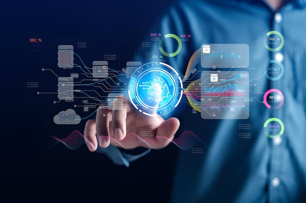 Empresario que utiliza chat bot de tecnología AI con Inteligencia Artificial genera robot de tecnología futurista en el sistema en línea Negocios en el futuro para invertir y desarrollar concepto corporativo