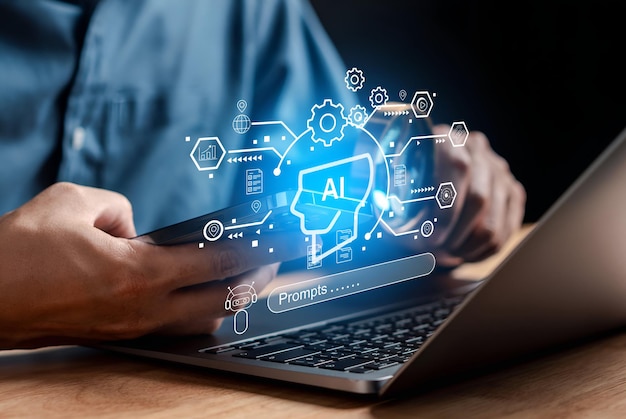 Empresario que utiliza chat bot de tecnología AI con Inteligencia Artificial genera robot de tecnología futurista en el sistema en línea Negocios en el futuro para invertir y desarrollar concepto corporativo