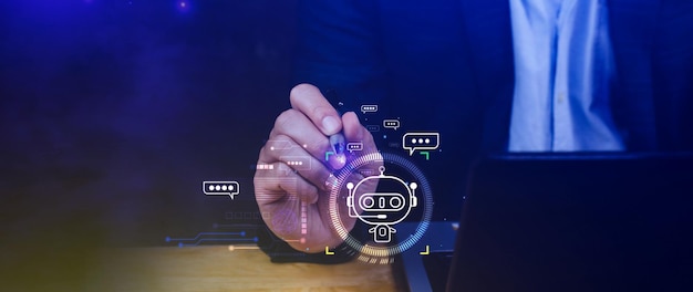 Empresario que utiliza para chatbot digital aplicación de robot asistente de conversación AI concepto de inteligencia artificial chatbot digital en pantalla virtual