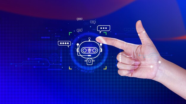 Empresario que utiliza para chatbot digital aplicación de robot asistente de conversación AI concepto de inteligencia artificial chatbot digital en pantalla virtual