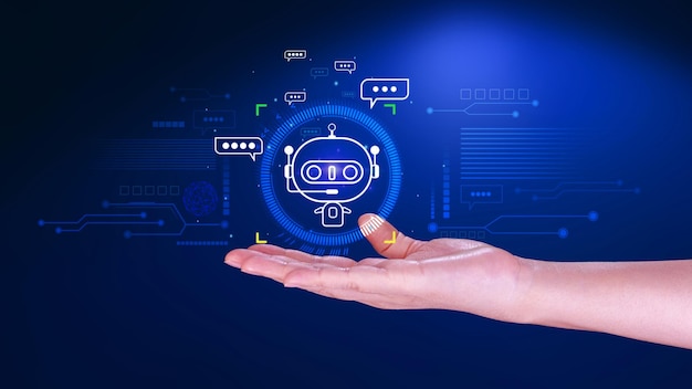 Empresario que utiliza para chatbot digital aplicación de robot asistente de conversación AI concepto de inteligencia artificial chatbot digital en pantalla virtual
