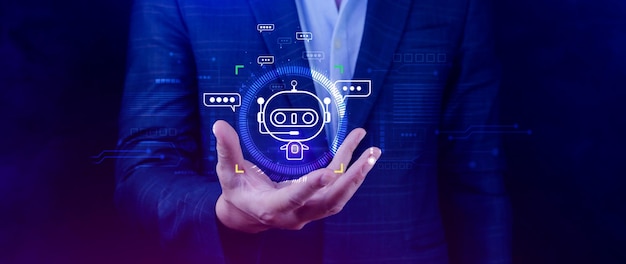 Empresario que utiliza para chatbot digital aplicación de robot asistente de conversación AI concepto de inteligencia artificial chatbot digital en pantalla virtual