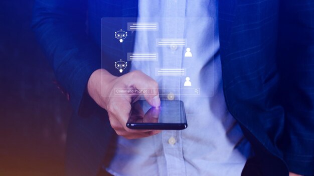 Empresario que utiliza para chatbot digital aplicación robot asistente de conversación IA concepto de inteligencia artificial chatbot digital en pantalla virtual asistentes virtuales en internet