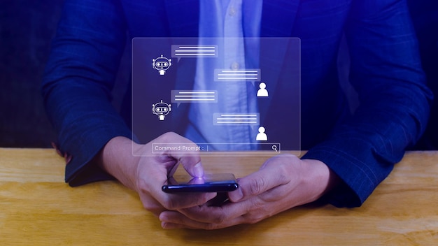 Empresario que utiliza para chatbot digital aplicación robot asistente de conversación IA concepto de inteligencia artificial chatbot digital en pantalla virtual asistentes virtuales en internet
