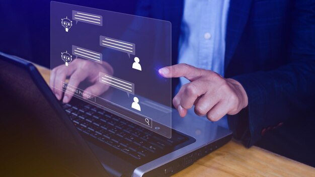 Empresario que utiliza para chatbot digital aplicación robot asistente de conversación IA concepto de inteligencia artificial chatbot digital en pantalla virtual asistentes virtuales en internet