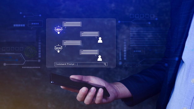Empresario que utiliza para chatbot digital aplicación robot asistente de conversación IA concepto de inteligencia artificial chatbot digital en pantalla virtual asistentes virtuales en internet
