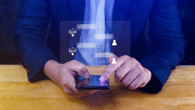 Empresario que utiliza para chatbot digital aplicación robot asistente de conversación IA concepto de inteligencia artificial chatbot digital en pantalla virtual asistentes virtuales en internet